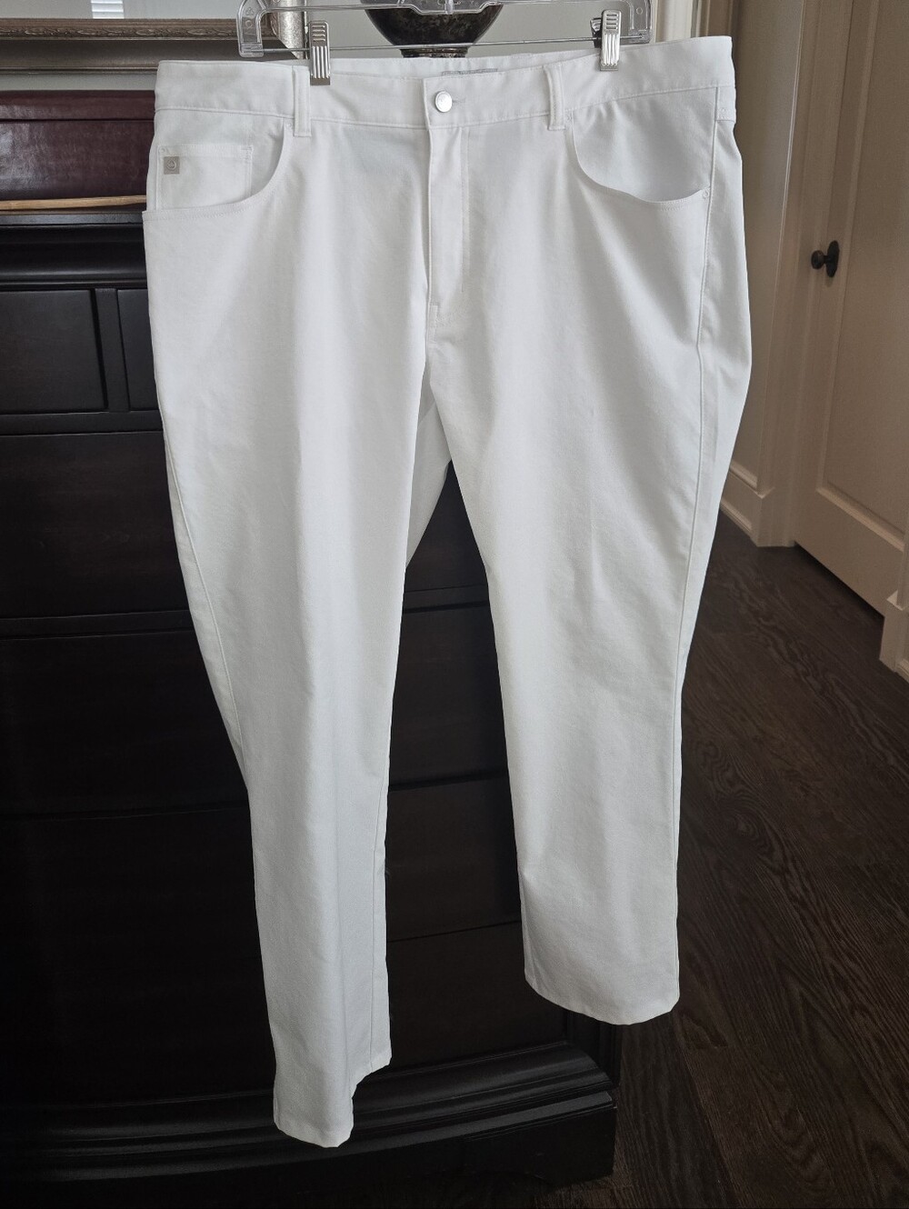 The Peter Millar Crown Sport Mens White Performance 5-Pocket Pants in size 38x28
